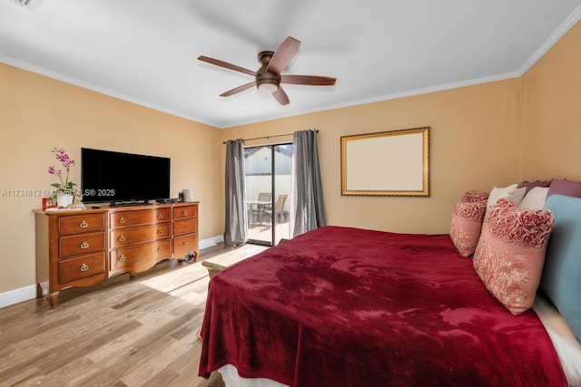 bedroom with crown molding, ceiling fan, access to exterior, and light wood-type flooring