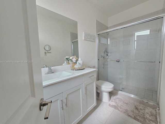 bathroom with vanity, an enclosed shower, tile patterned flooring, and toilet