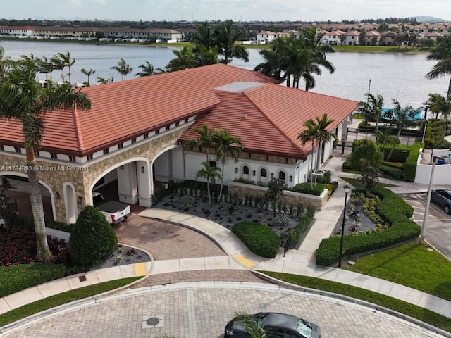 aerial view featuring a water view