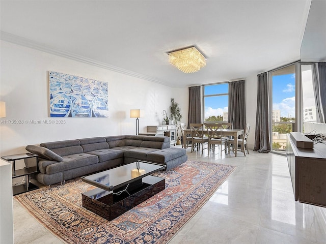 living room with expansive windows and ornamental molding