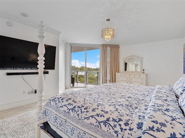 bedroom featuring expansive windows, ornamental molding, and access to exterior