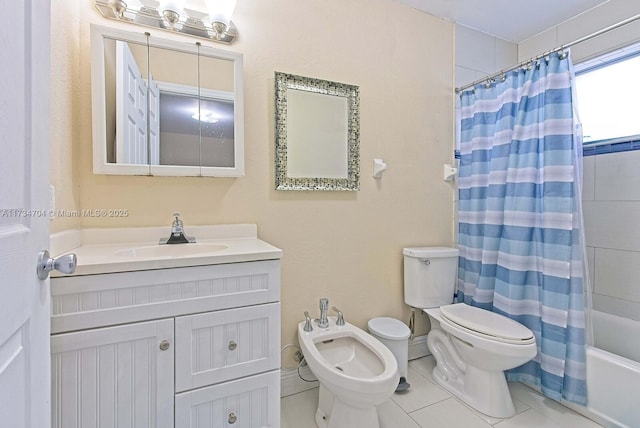 full bathroom with toilet, a bidet, vanity, shower / bath combination with curtain, and tile patterned flooring