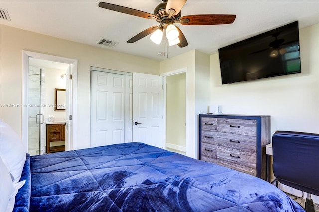 bedroom featuring connected bathroom, a closet, and ceiling fan