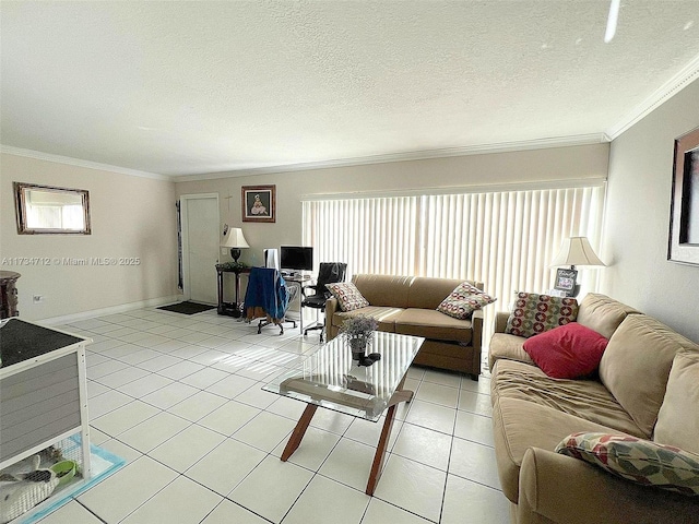 living room featuring light tile patterned floors, a wealth of natural light, ornamental molding, and a textured ceiling