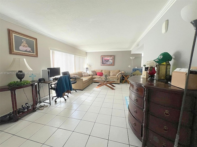 living room with crown molding, light tile patterned flooring, and a textured ceiling