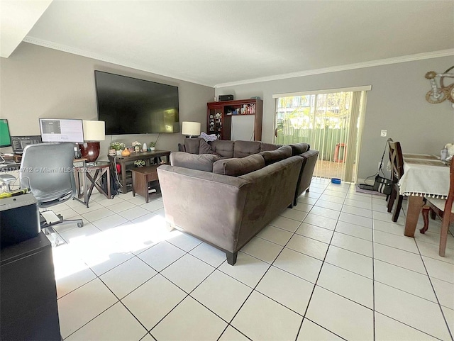 living room featuring crown molding and light tile patterned floors