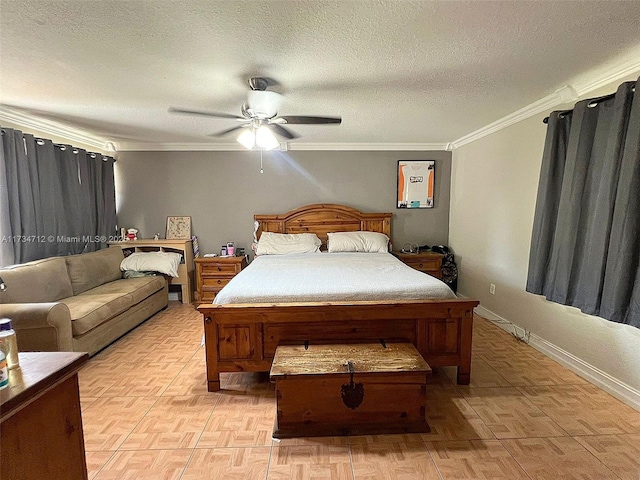 bedroom with crown molding, ceiling fan, a textured ceiling, and light parquet floors