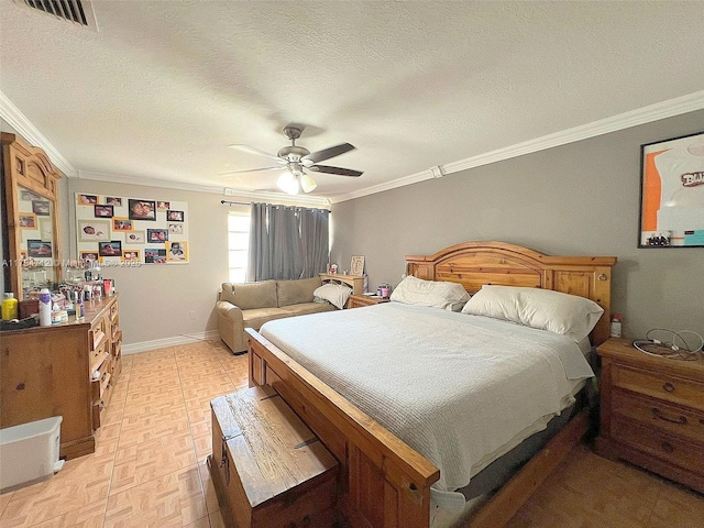 bedroom with crown molding, ceiling fan, a textured ceiling, and light parquet floors