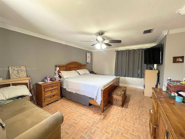 bedroom featuring ceiling fan, ornamental molding, light parquet flooring, and a textured ceiling