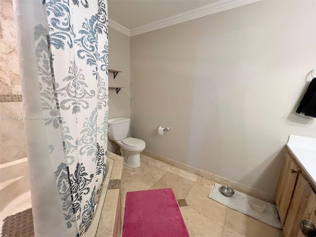 bathroom featuring a shower with shower curtain, vanity, ornamental molding, tile patterned floors, and toilet