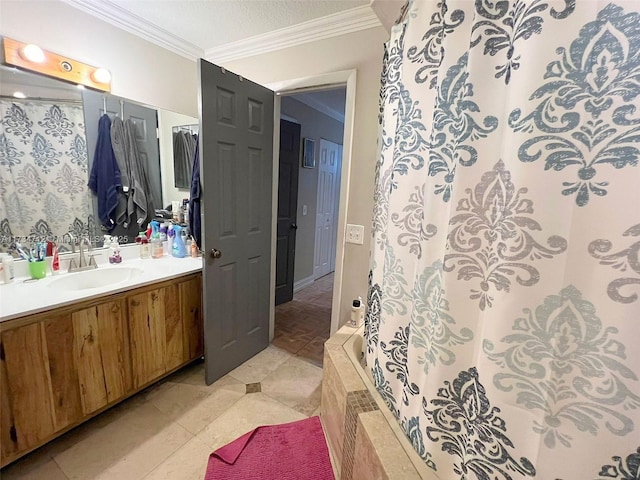 bathroom with vanity, tile patterned floors, ornamental molding, and a shower with shower curtain