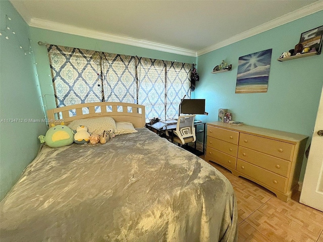 bedroom featuring crown molding and light parquet floors