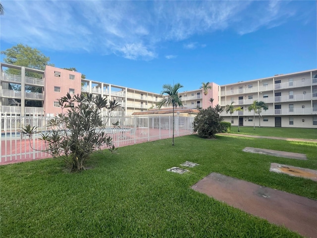 surrounding community with a pool and a lawn