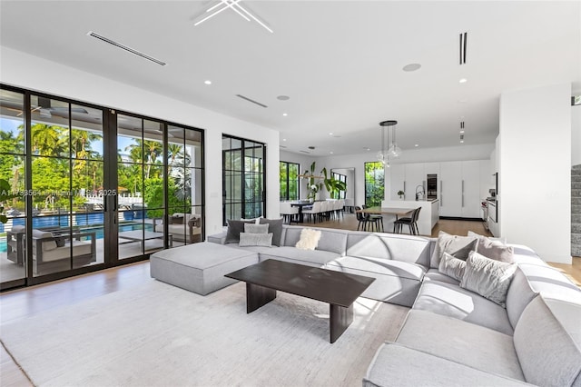 living room with french doors and light wood-type flooring