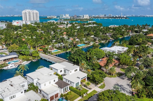 bird's eye view with a water view