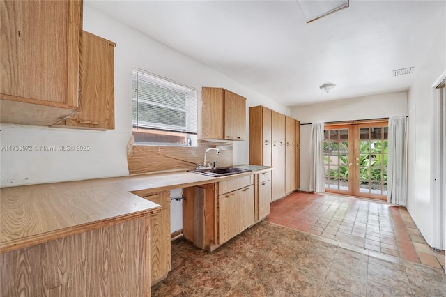 kitchen featuring french doors, sink, and tasteful backsplash