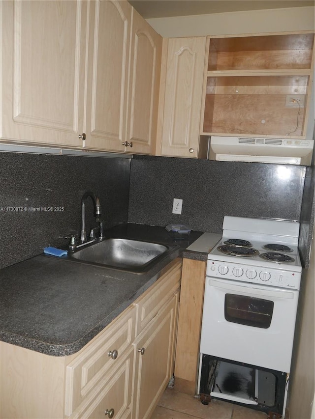 kitchen with light brown cabinetry, tasteful backsplash, sink, electric range, and tile patterned floors