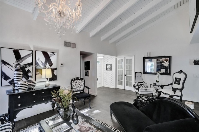 living room featuring baseboards, visible vents, beamed ceiling, french doors, and high vaulted ceiling