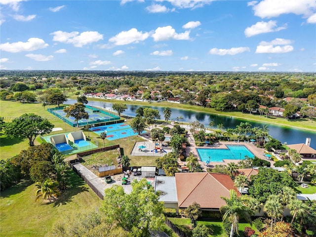 drone / aerial view featuring a water view