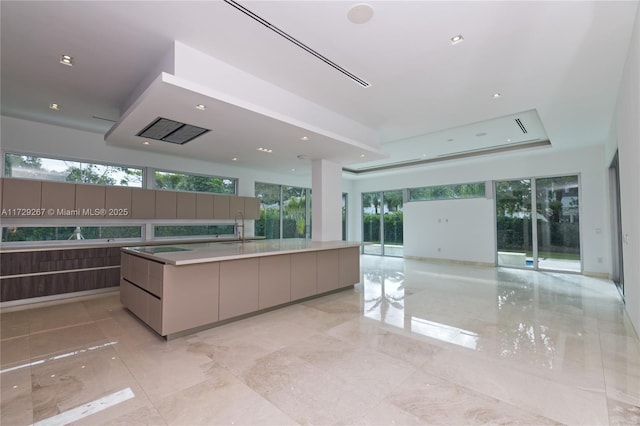 kitchen with a tray ceiling, a large island, and sink