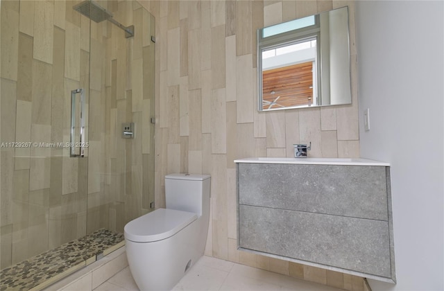 bathroom with walk in shower, tile patterned floors, and toilet