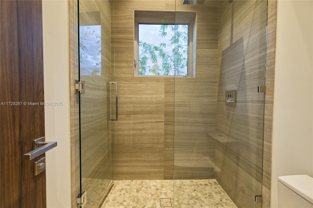 bathroom featuring toilet and a shower with door