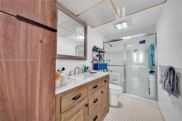 full bath featuring toilet, a stall shower, vanity, and tile patterned floors