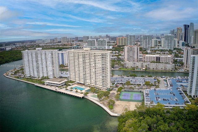 drone / aerial view with a water view