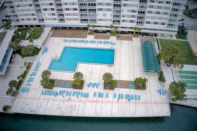 aerial view featuring a water view