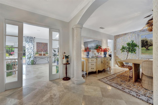 bathroom featuring ornamental molding, french doors, and ornate columns