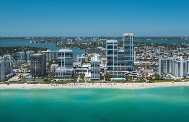 drone / aerial view with a water view and a beach view