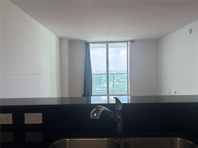 kitchen featuring a wall of windows and sink