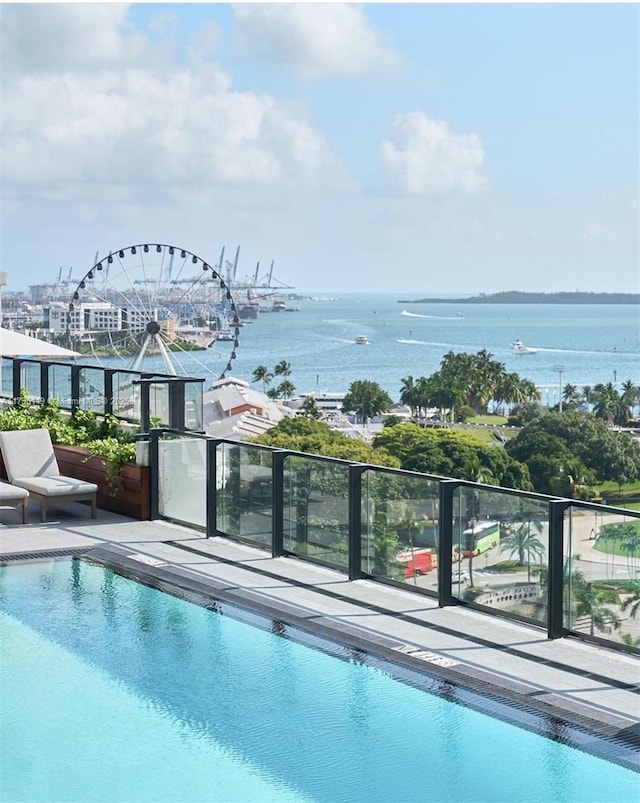 view of swimming pool with a water view