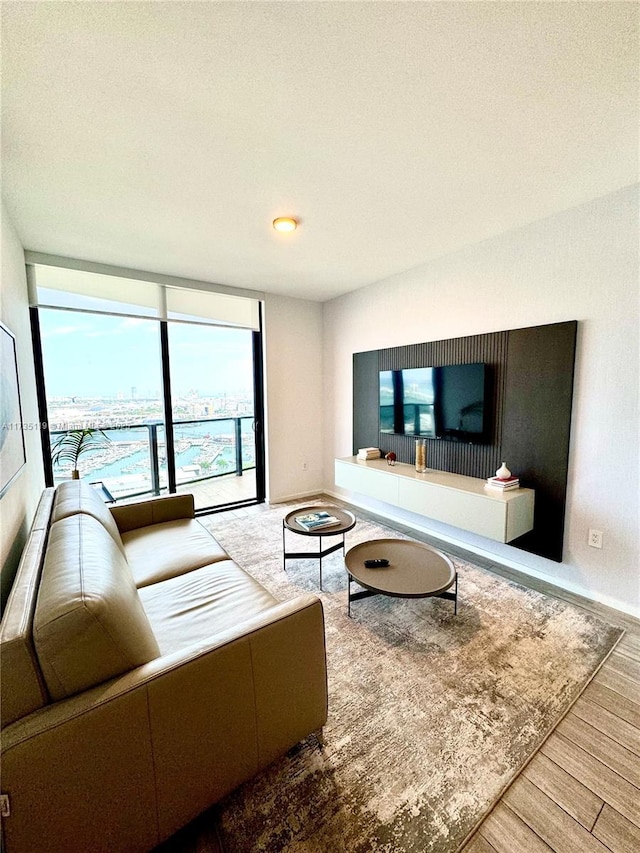 living room featuring hardwood / wood-style flooring and a wall of windows