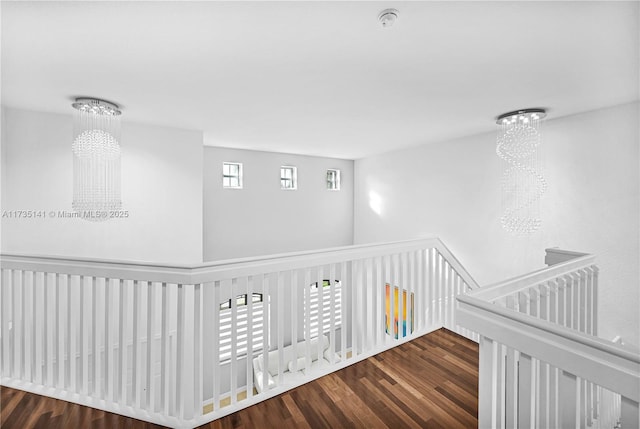 hall with dark wood-type flooring, a healthy amount of sunlight, and a chandelier