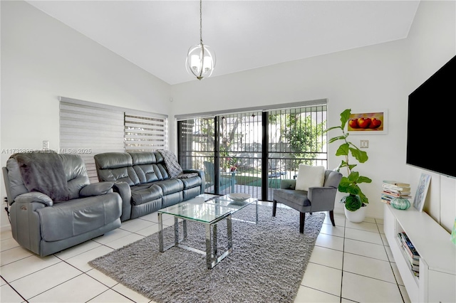 living room featuring lofted ceiling and light tile patterned flooring