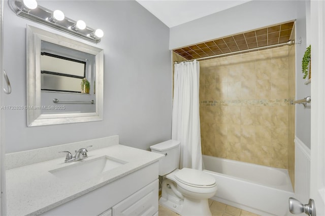 full bathroom with shower / bath combination with curtain, tile patterned floors, vanity, and toilet