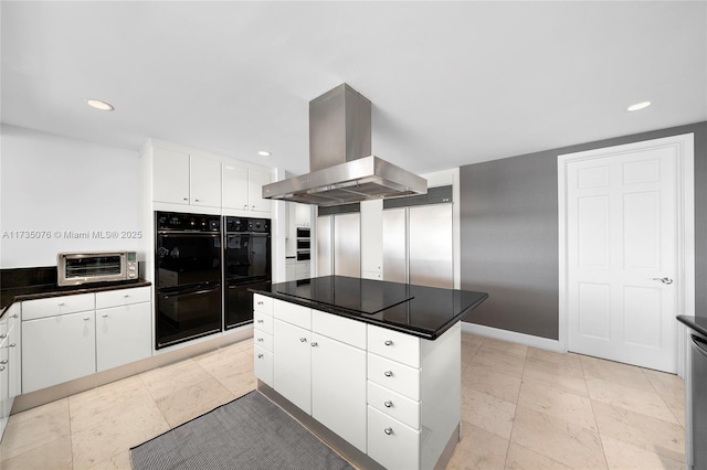 kitchen featuring island range hood, black appliances, a center island, and white cabinets