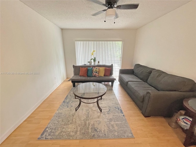 living room featuring ceiling fan, light hardwood / wood-style flooring, and a textured ceiling