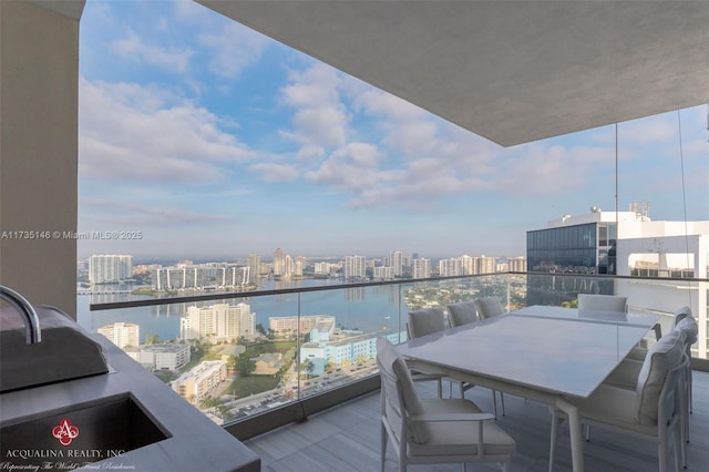 balcony with a water view and sink