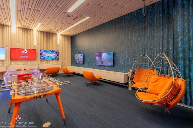 game room featuring wood ceiling