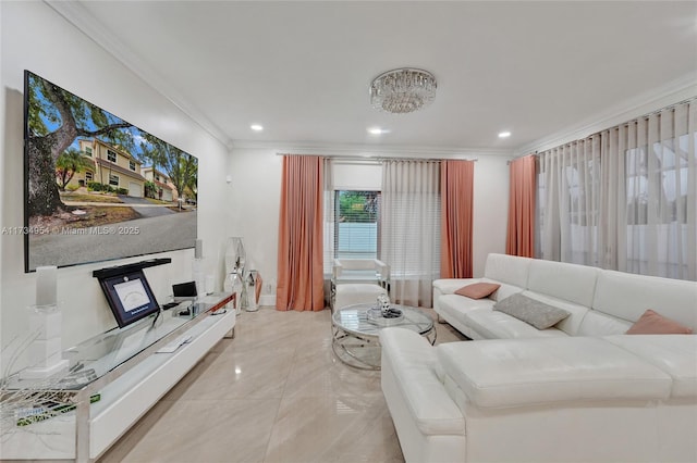 living room featuring crown molding