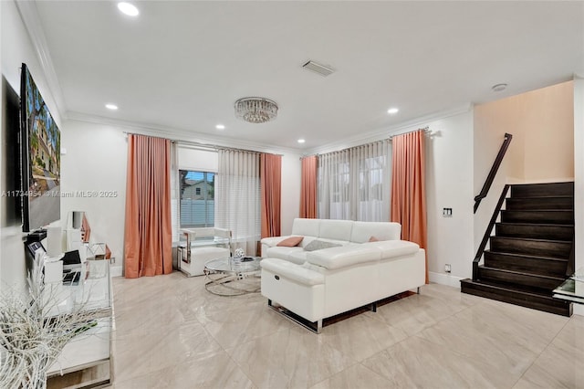 living room with visible vents, ornamental molding, stairs, and recessed lighting