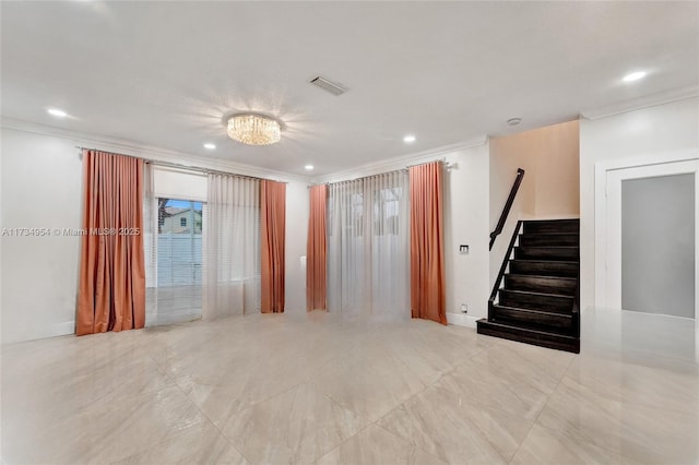 unfurnished room with crown molding, tile patterned flooring, stairs, visible vents, and recessed lighting
