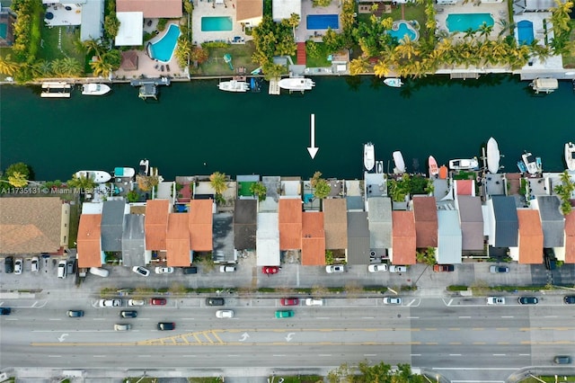 drone / aerial view featuring a water view