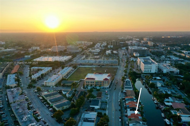 view of aerial view at dusk