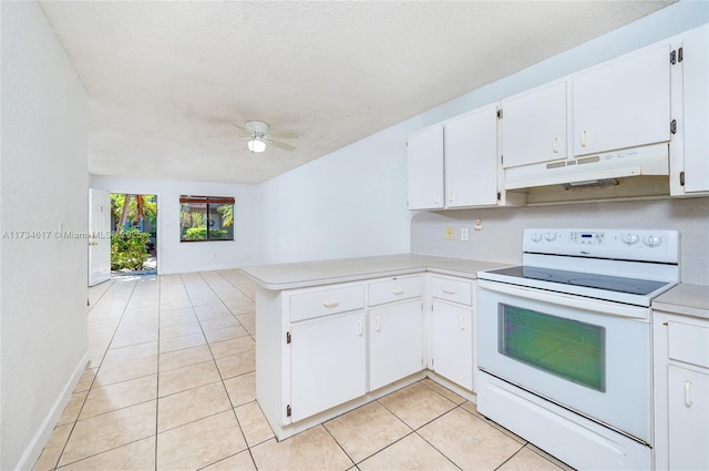 kitchen with white cabinetry, white electric range oven, and kitchen peninsula