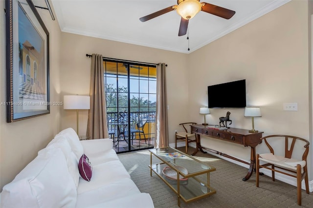 living room featuring crown molding and ceiling fan