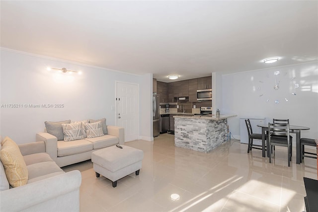 tiled living room with crown molding and sink