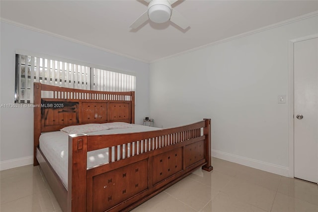 tiled bedroom with ornamental molding and ceiling fan